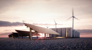 Dawn of new renewable energy technologies. Modern, aesthetic and efficient dark solar panel panels, a modular battery energy storage system and a wind turbine system in warm light. 3D rendering.