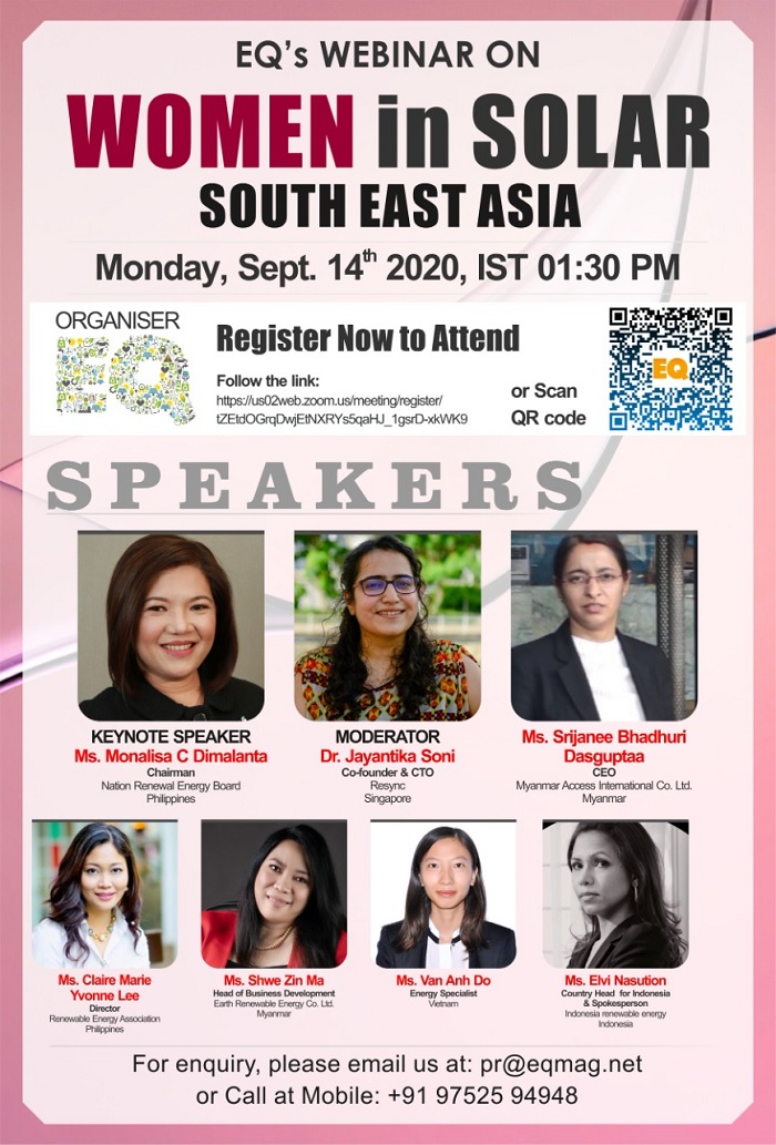 EQ Webinar on Women in Solar – South East Asia on Monday September 14th from 01:30 PM Onwards….Register Now !!!