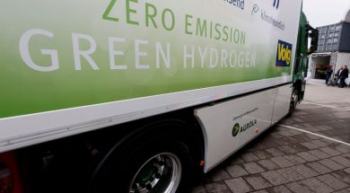 FILE PHOTO: New hydrogen fuel cell truck made by Hyundai is displayed in Luzern