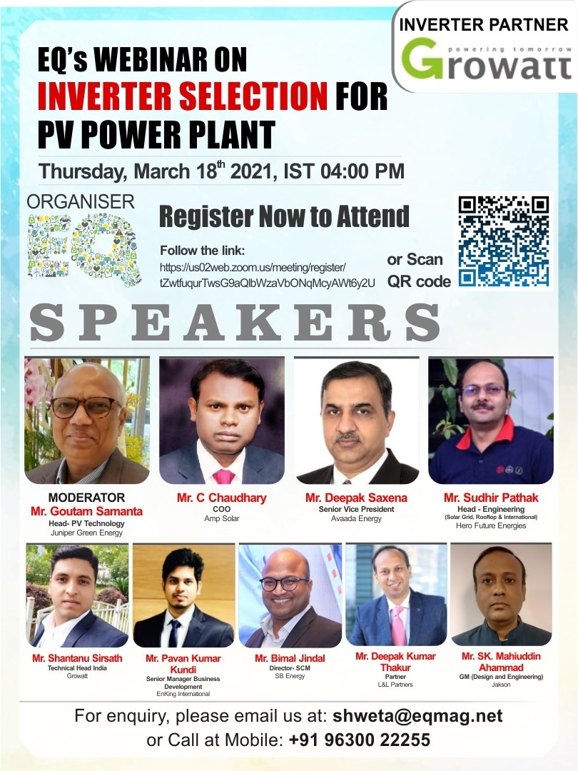 EQ Webinar on Inverter Selection for PV Power Plant on Thursday March 18th from 04:00 PM Onwards….Register Now !!!