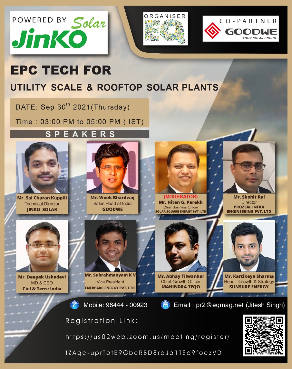 EQ Webinar on EPC Tech for Utility Scale & RoofTop Solar Plants Powered by Jinko Solar On Thursday September 30th From 3:00 PM Onwards…. Register Now !!!