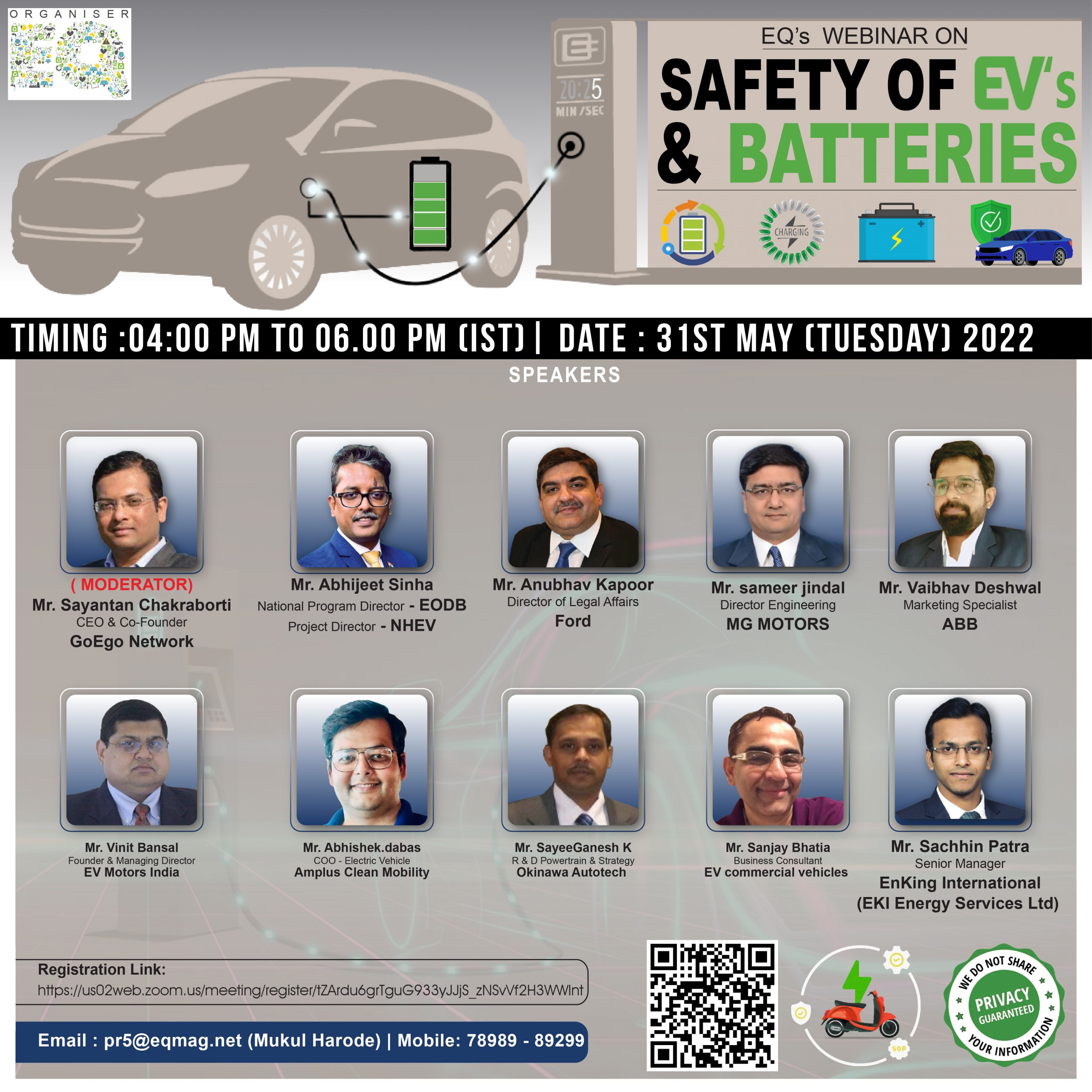 EQ Webinar on SAFETY OF EV’s and Batteries 31st May 2022 (Tuesday) 4:00 PM Onwards….Register Now!