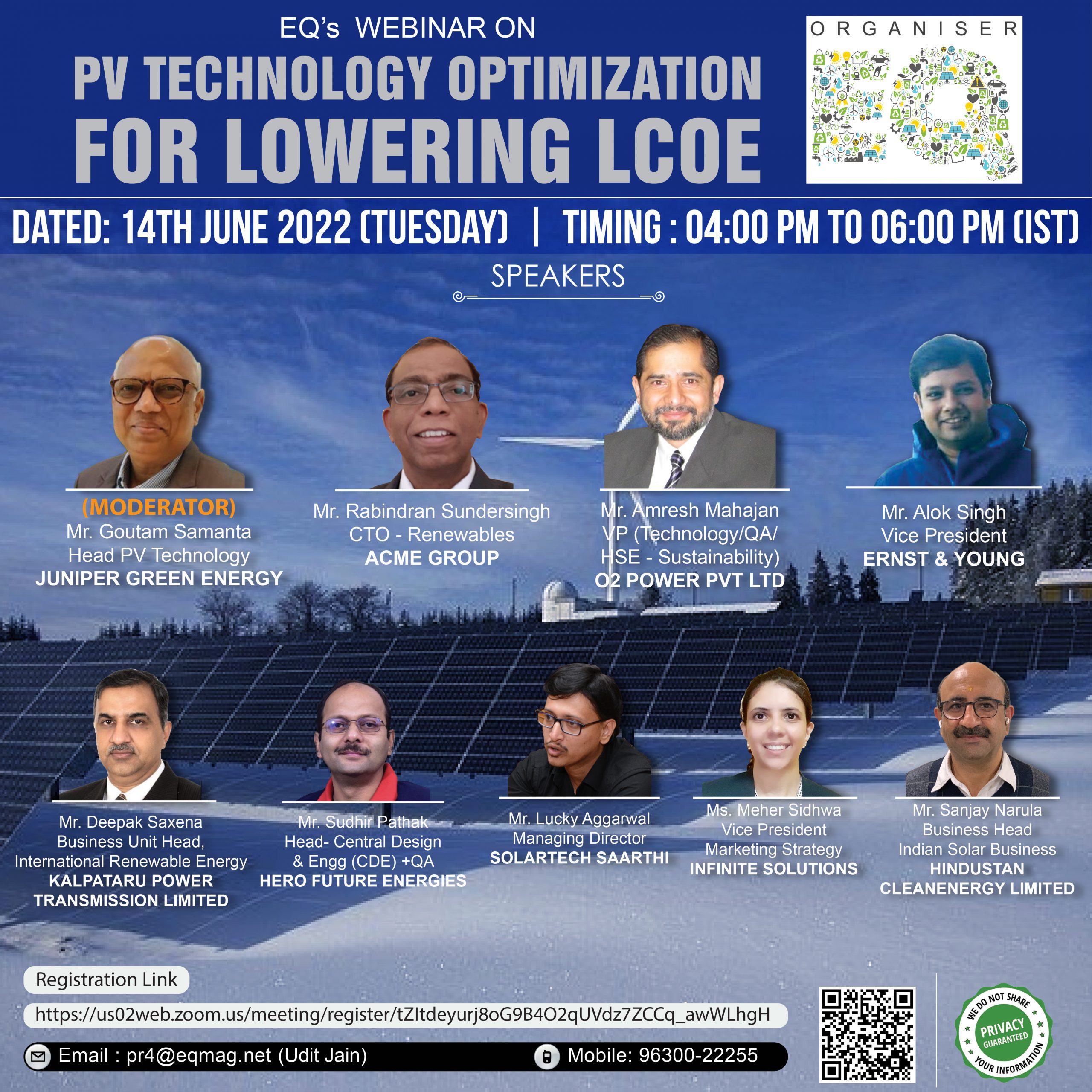 EQ Webinar on PV Technology Optimization for Lowering LCOE 14th June 2022 (Tuesday) 4:00 PM Onwards….Register Now!
