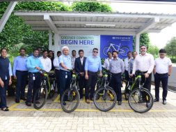 Aditya Sikri, President, IndoSpace launching the e-Bikes on Zero Emission Day with Seniors leaders from IndoSpace Park Chakan, Pune