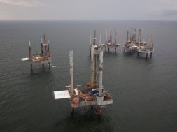 FILE PHOTO: Unused oil rigs sit in the Gulf of Mexico near Port Fourchon, Louisiana
