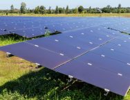 Close up array of  thin film solar cells or amorphous silicon solar cells in solar power plant