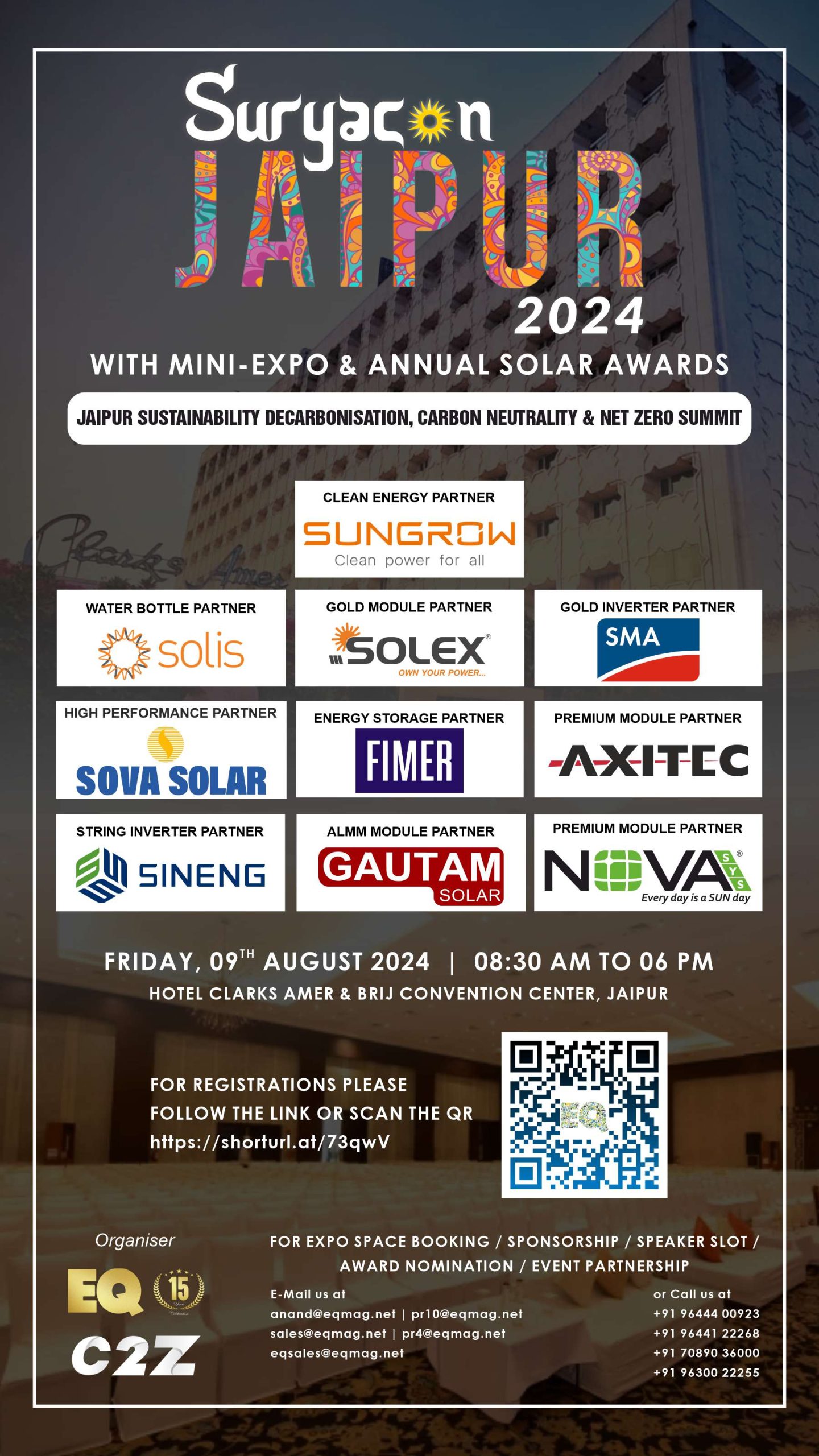 Jaipur Solar Expo + SuryaCon Conference + Rajasthan Annual Solar Awards August 2024 by EQMag & Jaipur Sustainability, DeCarbonisation, Carbon Neutrality & Net Zero Summit